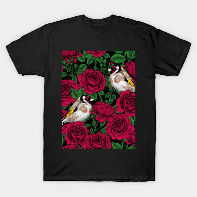 Red Rose flowers and goldfinch birds T-Shirt by katerinamk